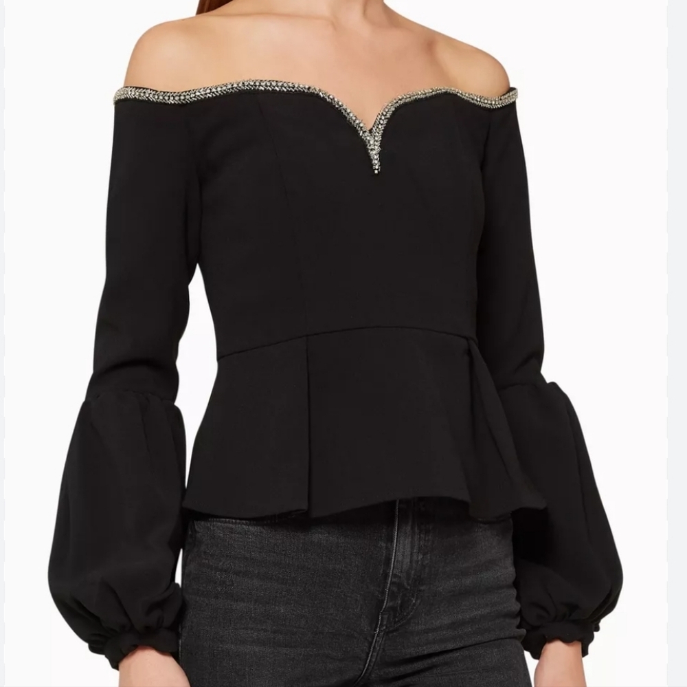 Self-Portrait Crystal-Embellished Off Shoulder Crepe Puff Sleeve Top